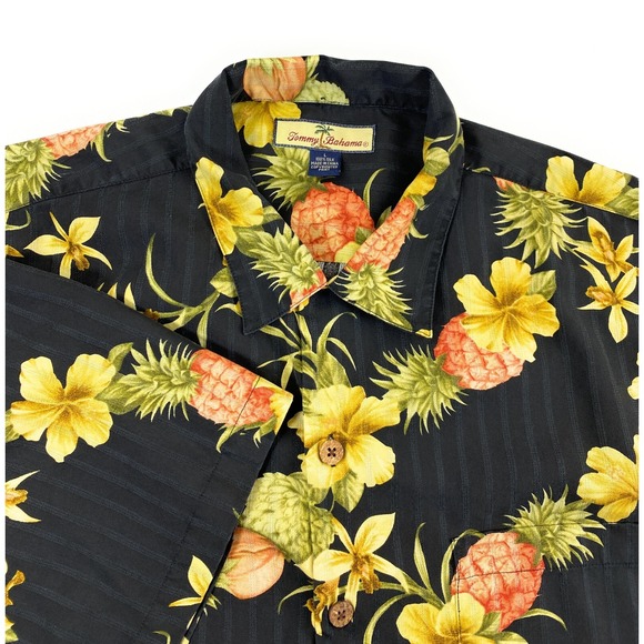 Tommy Bahama Relax Men's 100% Silk Hibiscus Pineapple Black Camp Shirt Large - Picture 1 of 9